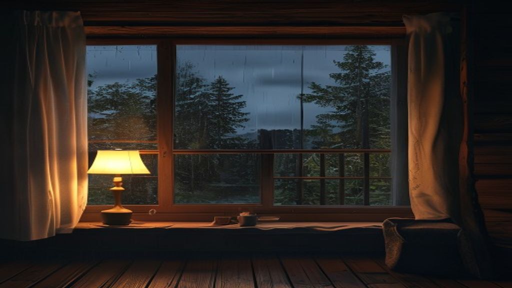 Cozy rain on a cabin window
